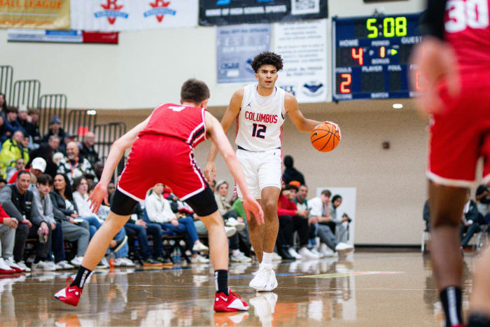 Columbus junior Cameron Boozer brings the ball up the court against Harvard-Westlake at the Les Schwab Invitational on Dec. 30, 2023.